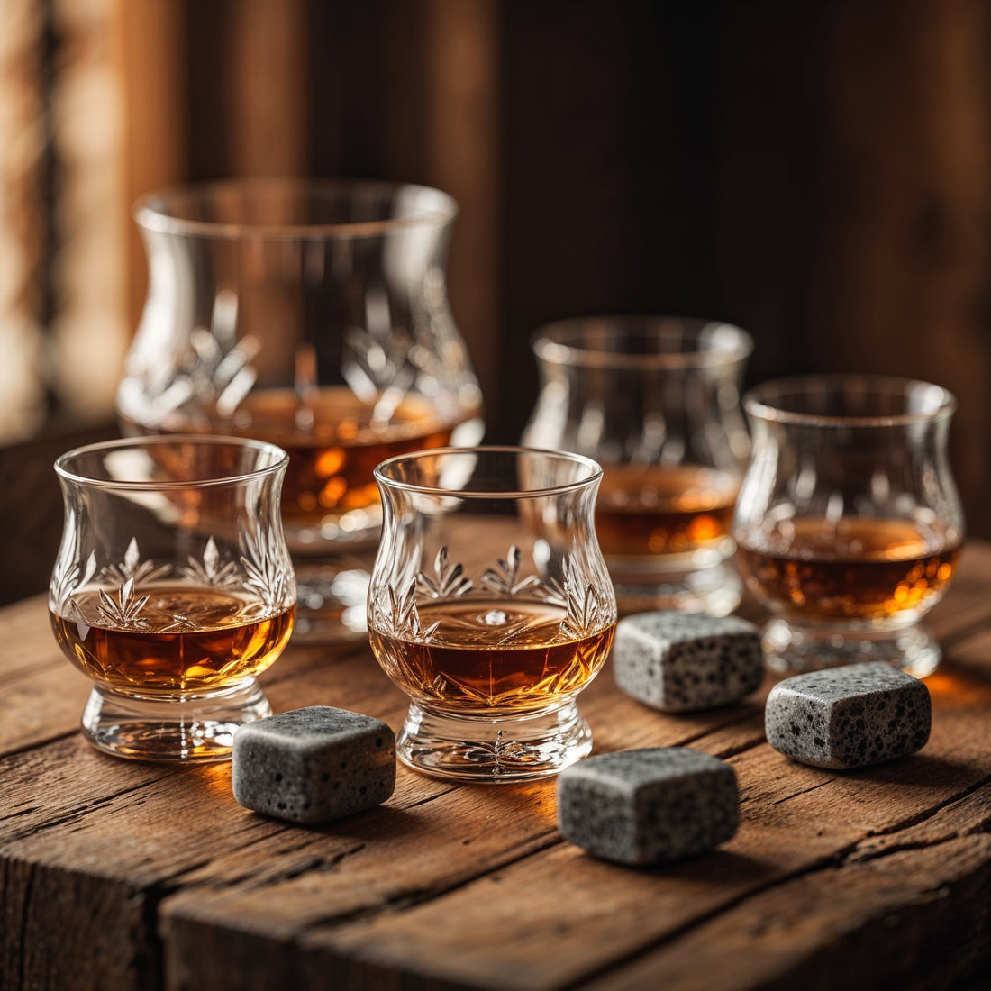 Hochwertige Whiskeysteine in einer Geschenkbox.