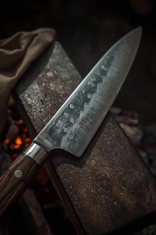 Handgeschmiedetes japanisches Kochmesser auf Amboss – mit Patina, Griff aus dunklem Holz und Glut im Hintergrund. Authentisch, rau, meisterlich.