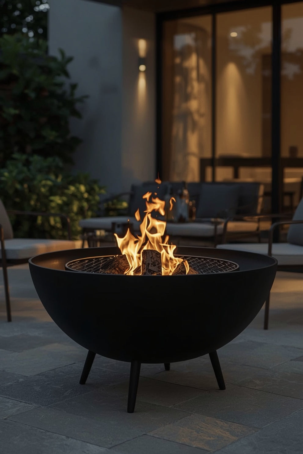 Brennende Feuerschale auf Terrasse