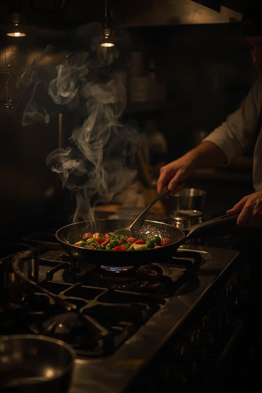 An atmospheric kitchen scene with a chef searing vegetables in an iron pan on a stove; warm ambient lighting, steam rising and food sizzling, rustic kitchen setting, intimate mood, cinematic food photography vibes.