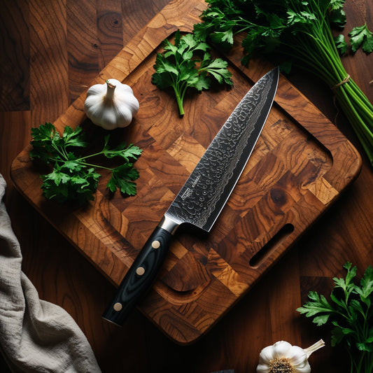 Damastmesser auf edlem Schneidebrett aus Nussbaumholz, umgeben von frischer Petersilie und Knoblauch