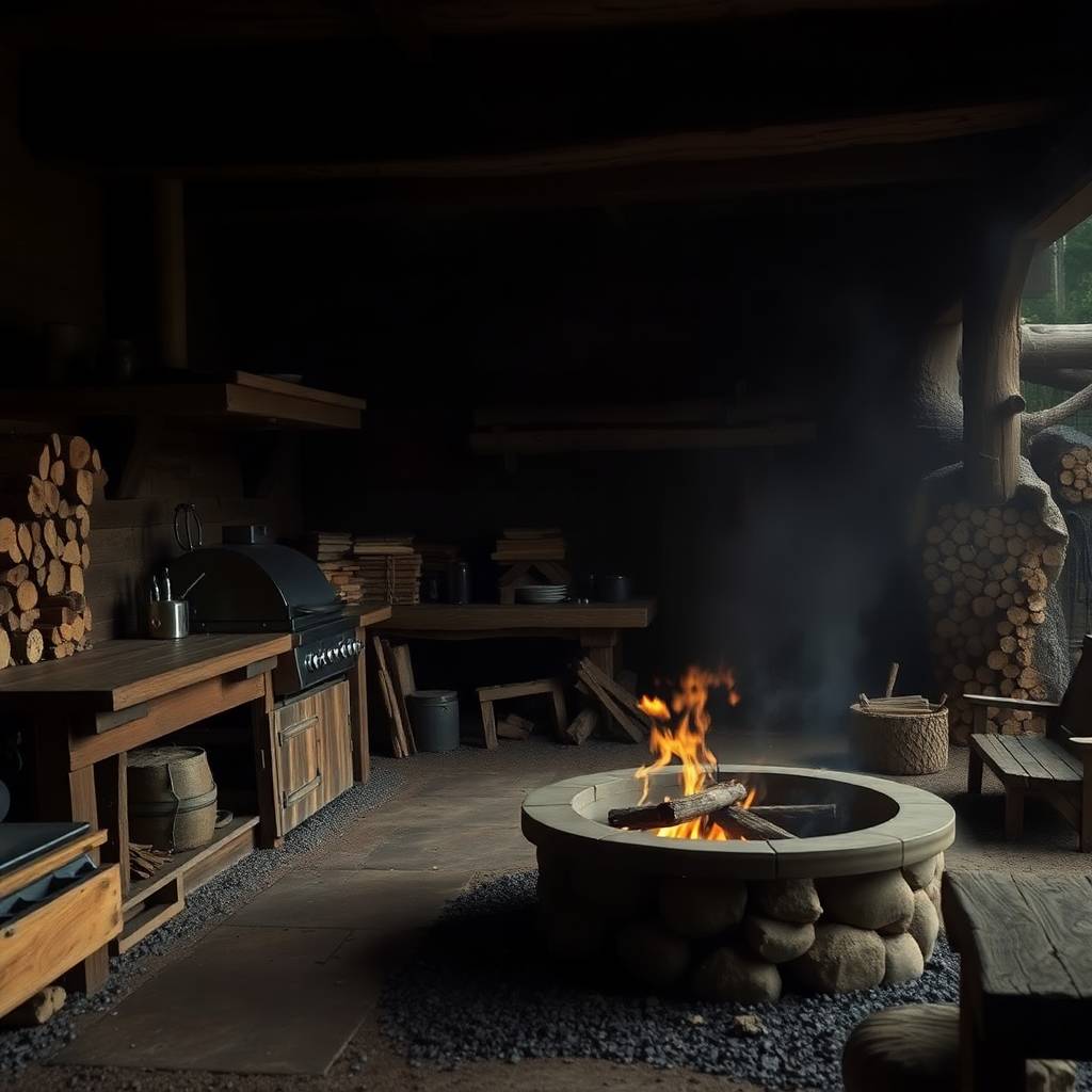 Outdoorküche mit offenen Feuer und Grill
