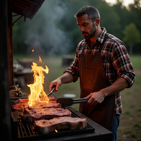 Mann beim Grillen mit hochwertiger Schürze und Grillbesteck