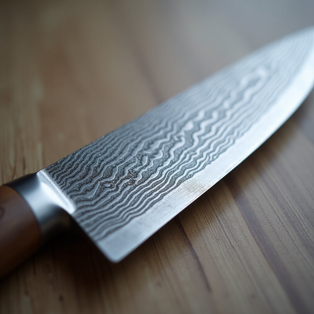 A highly detailed, close-up photograph of a Damastmesser, a traditional German Damascus steel knife, showcasing its intricate, fine patterned texture, also known as the Maserung