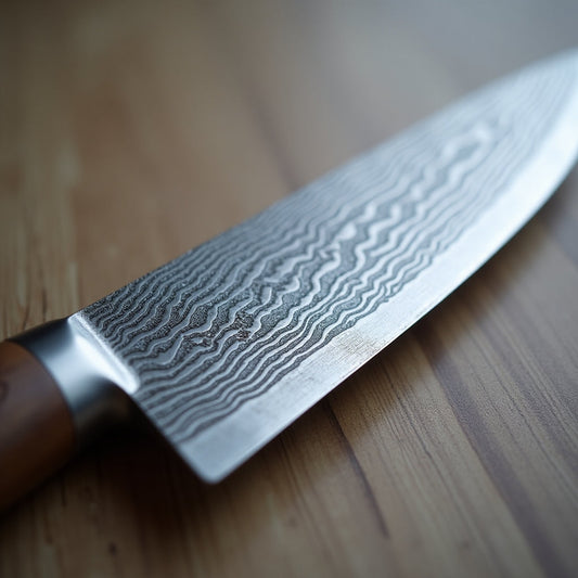 A highly detailed, close-up photograph of a Damastmesser, a traditional German Damascus steel knife, showcasing its intricate, fine patterned texture, also known as the Maserung