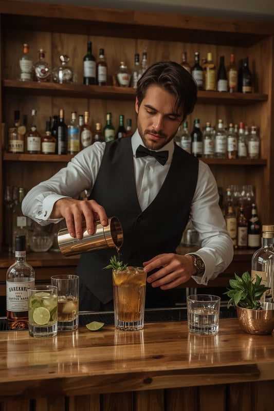 Ein eleganter Mann mit weißen Hemds\u00e4rmel rollt einen Cocktail-Shaker an einer stilvollen Hausbar.
