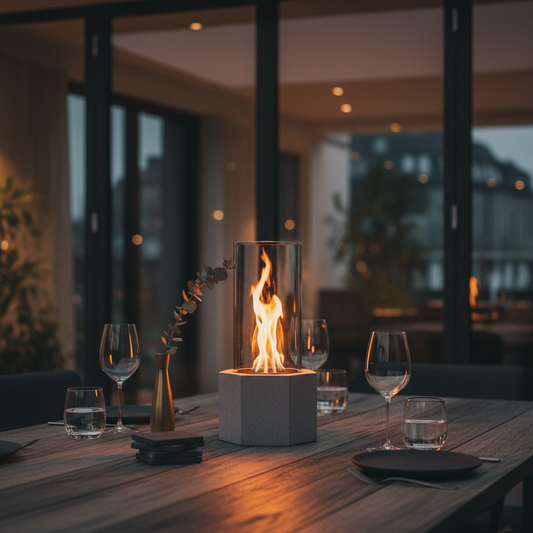 a modern table fire (Tischfeuer) on a stylish dinner table, surrounded by glasses and minimalistic decor. 